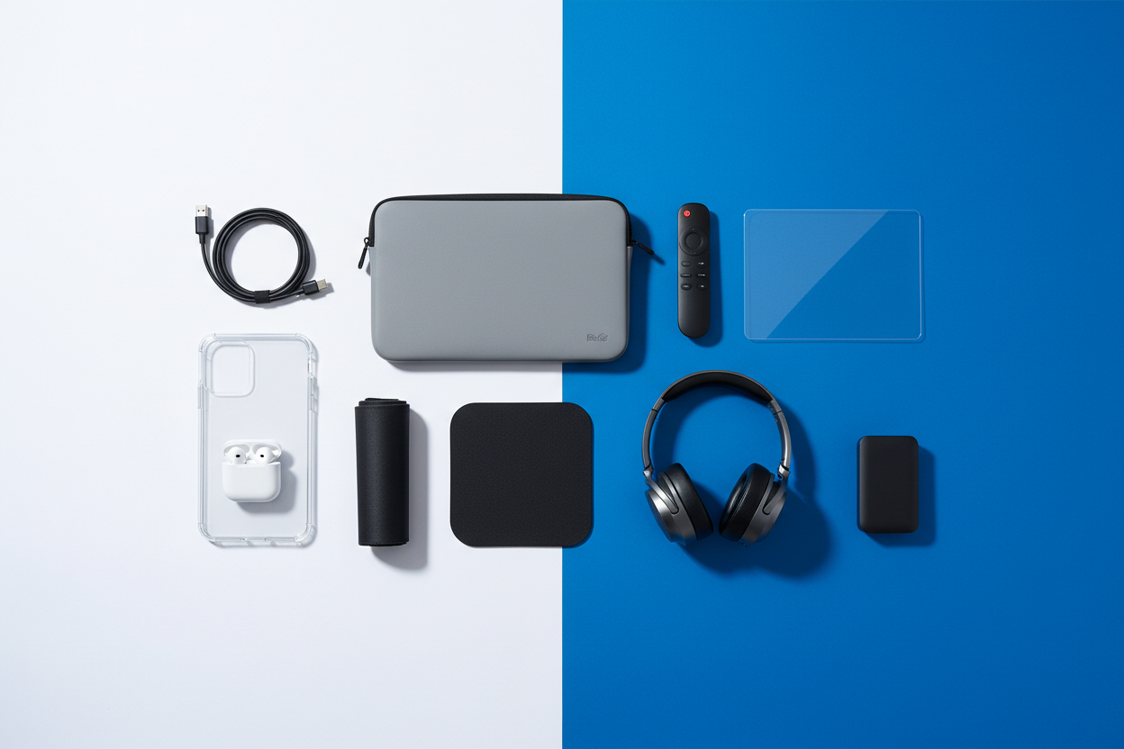 Akcesoria do smartfonów, telewizorów i laptopów. tło białe oraz niebieskie o numerze 0047FF . nie dodawaj żadnych napisów